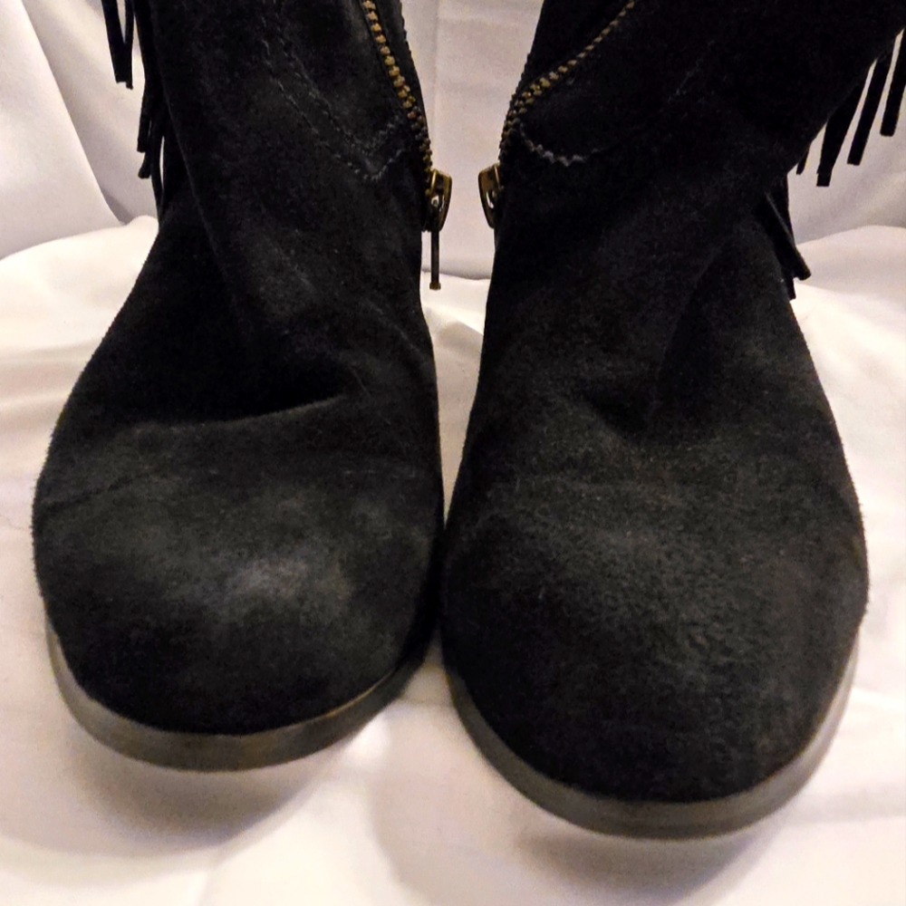 Sam Edelman Louie Black Suede Fringe-Trim Ankle Booties, Block Heel, Size 8.5. - Picture 3 of 10